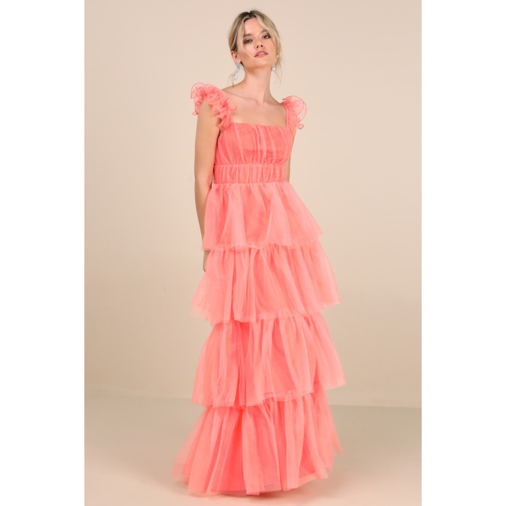 Lulus Tulle For Love Coral Pink Mesh Tulle Tiered Ruffled Maxi Dress - Size XL